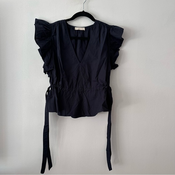 Ulla Johnson Iyla Top Navy flutter sleeves, peplum side tie closures. Size 4 - Picture 2 of 3